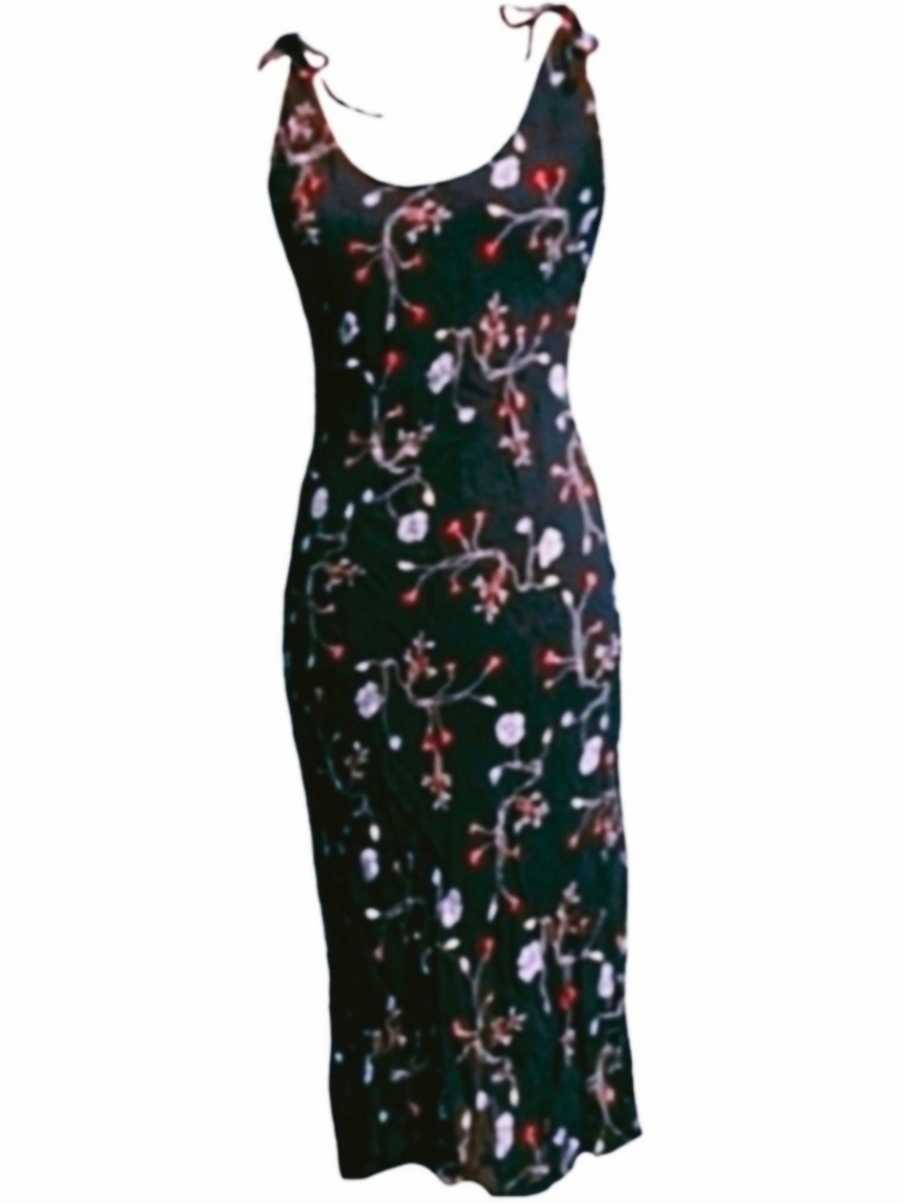 Vintage Y2K Bias Cut Floral Shoulder Ties 90s Dress Dark Navy Blue Red Flowers 6